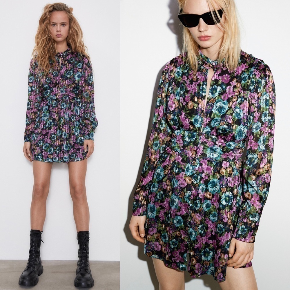 NWT ZARA Floral Metallic Long Sleeve Button Front High Neck Pleated Mini Dress M